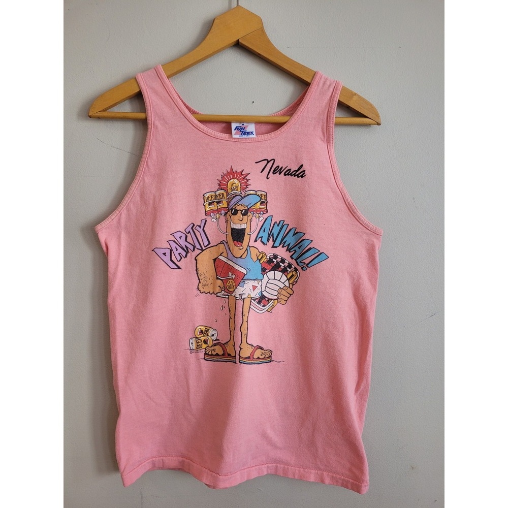 1980's Vintage Fun Tees Party Animal Tank Top Made In USA 100% Cotto Pink Mens M